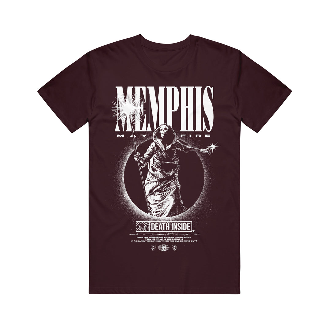 A black Memphis May Fire t-shirt with bold white lettering, an illustrated grim reaper holding a staff inside a halo, and the words DEATH INSIDE plus smaller text below the design.
