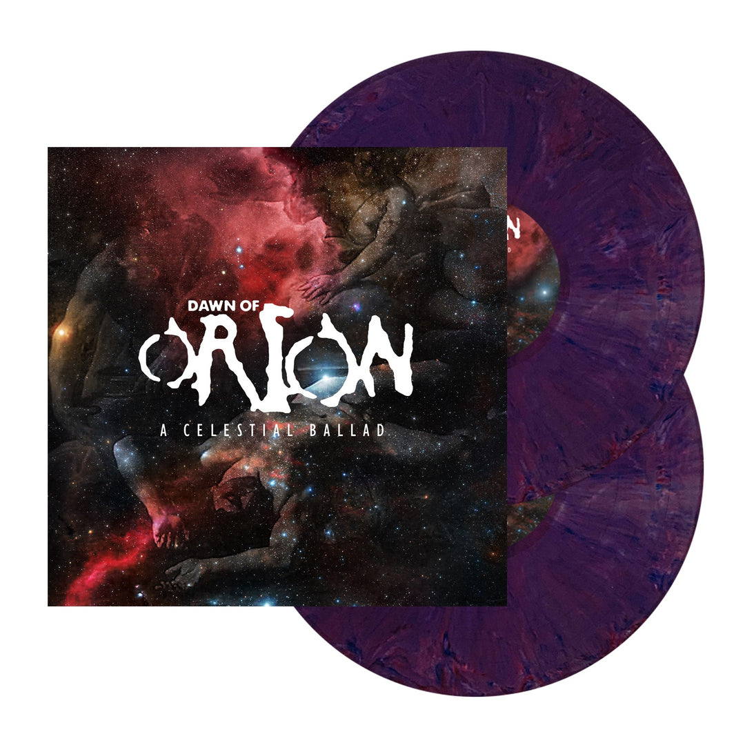Dawn Of Orion album cover and Limited Edition marbled purple vinyl featuring cosmic nebula artwork, shadowy figures, and bold white text—with blue and black hints throughout.