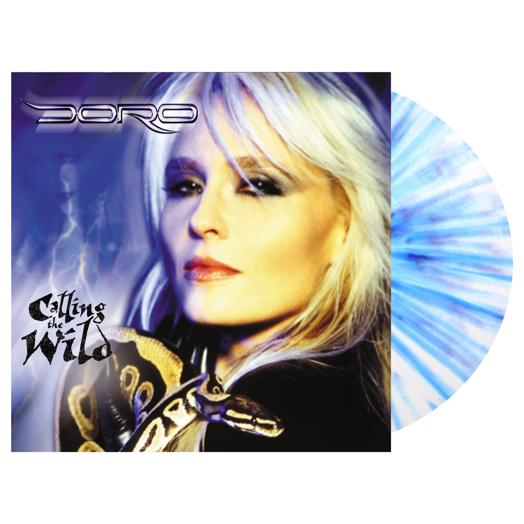 The Doro “Calling the Wild” album cover shows a close-up of a blonde woman with a snake on her shoulder, reflecting the energy of “Kiss Me Like A Cobra.” A vivid blue-purple background frames the exclusive blue-and-white vinyl.