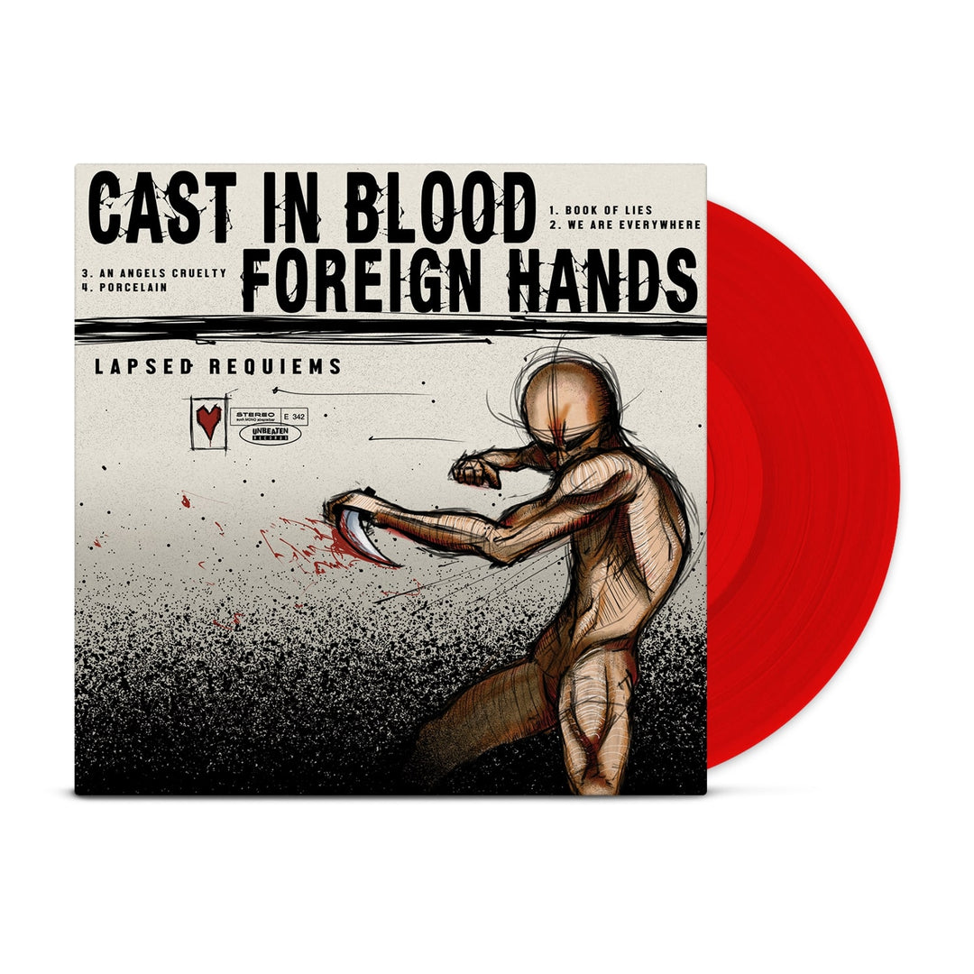 A red vinyl record slides out from the album cover. The art features a figure with a bloodied arm and text: Cast In Blood/Foreign Hands—Lapsed Requiems, with tracks like We Are Everywhere listed on the left.