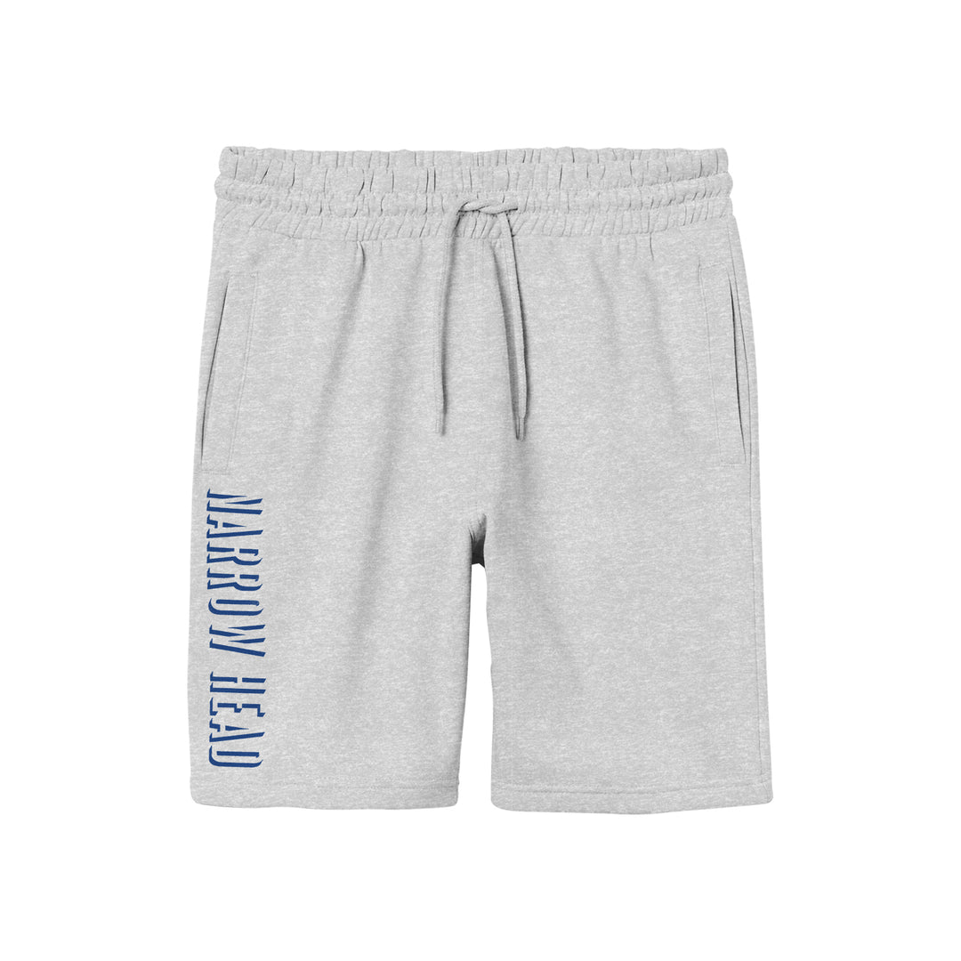 Light gray midweight fleece shorts by Narrow Head with relaxed fit, elastic waistband, drawstring, and side pockets. NARROW HEAD is printed vertically in bold blue on the left leg. Displayed on a white background.