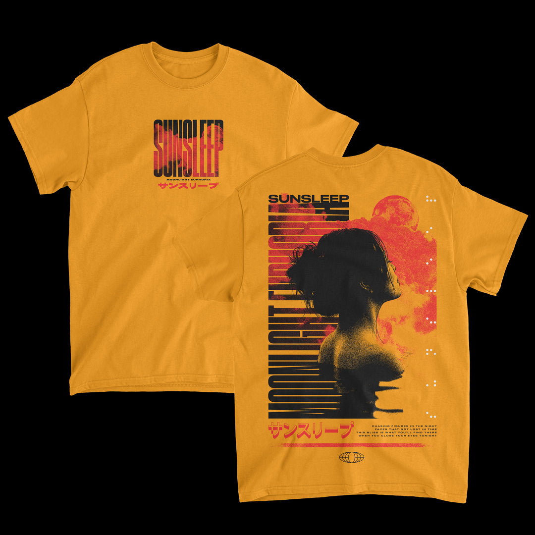 Sunsleep Moonlight Gold T-Shirt. image shows front and back of shirt. front has the word Sunsleep in black and red text. back of shirt has a woman looking at the moon in red and black ink. 