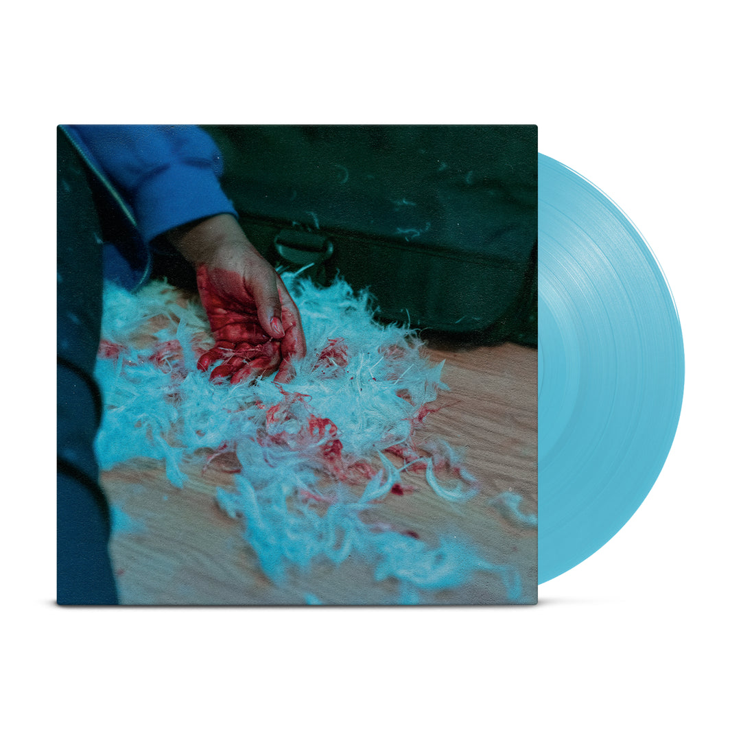 A limited edition of 250 translucent blue vinyl from Kaonashi in Blue Pop style, featuring cover art with a bloody hand, white feathers, and red stains on a wooden floor—an iconic release for Dear Lemon House.