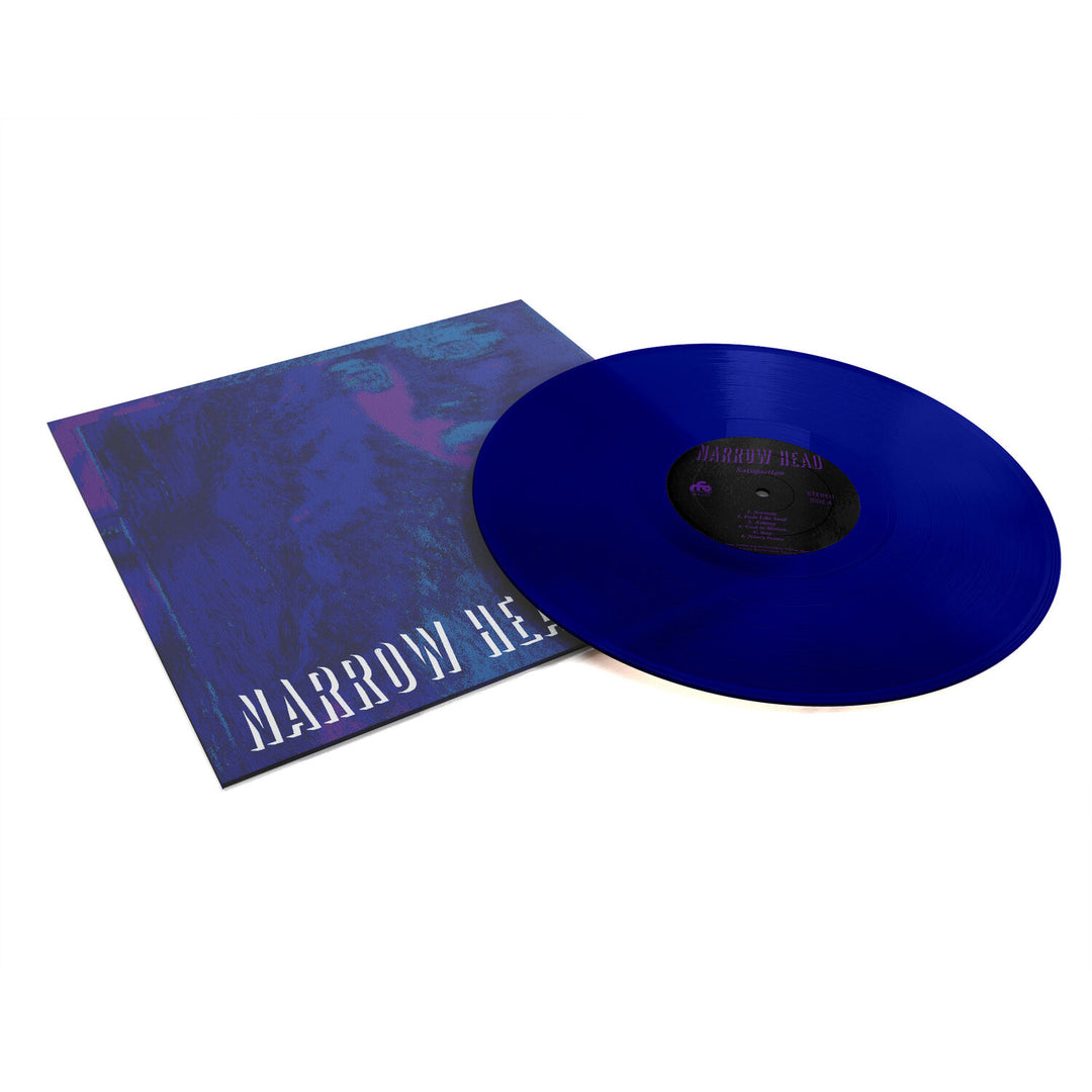 A blue vinyl record partially rests on its album cover, featuring dark abstract art and bold white text reading Narrow Head, the brand name, with the center label showing both Narrow Head and the track Paranoid Hands.