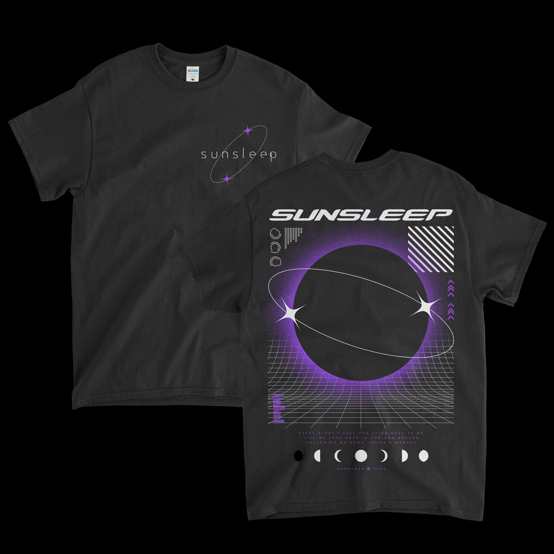 Sunsleep Stars Black T-Shirt. front of shirt has the text sunsleep on the left chest with stars orbiting around the text. back of shirt has a geometric Moon design covering the whole back with Sunsleep text above it in white ink.