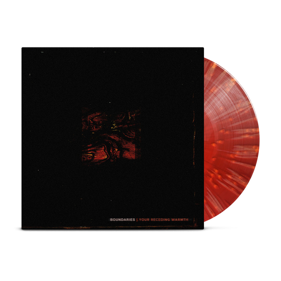 A Boundaries vinyl record with a red and black marbled pattern is partly visible behind a dark cover displaying an abstract red and black square. The cover reads Boundaries | Your Receding Warmth, alluding to themes like Fade Away.