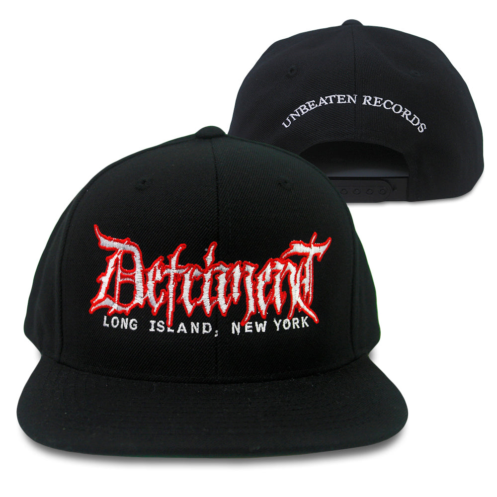 Black YP Classics embroidered snapback hat featuring “Detriment, Long Island, New York” in white and red on the front, with “Unbeaten Records” in white above the adjustable snapback closure.