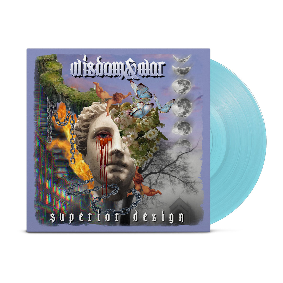 A translucent blue vinyl by Wisdom & War rests beside its album cover—a surreal collage of red-teared statues, butterflies, and moon phases—channeling the intense vibe of Painting Your Hell or Killing Joke.