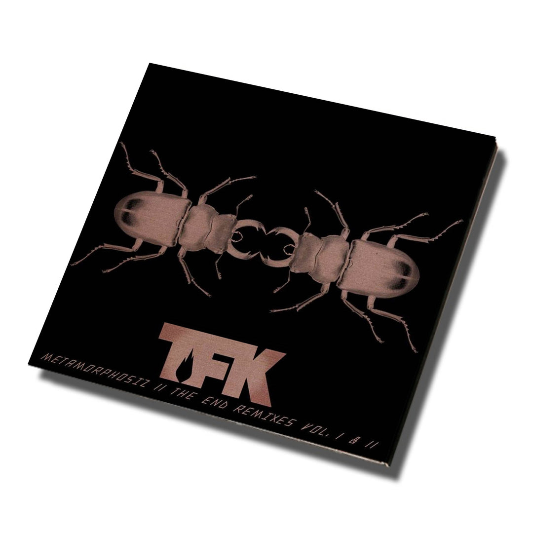 A square album cover for Thousand Foot Krutch features two mirrored brown beetles on black. Metallic text at the bottom reads TFK and Metamorphosiz: The End Remixes Vol. 1 & 2, highlighting tracks like War Of Change Remix.