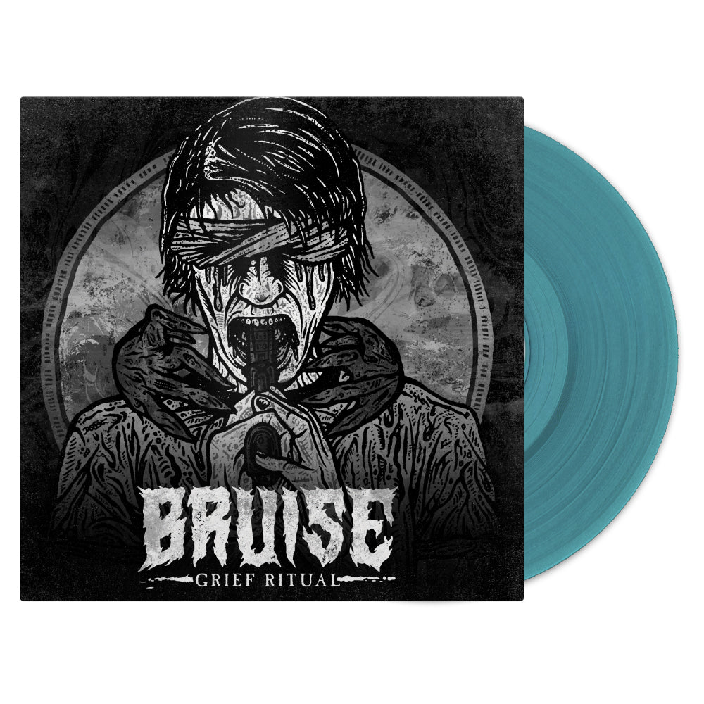 Album cover for Grief Ritual by Bruise shows a monochrome illustration of a blindfolded figure with black tears and outstretched hands, symbolizing struggle. A teal vinyl record, partially visible, contrasts with the dark background. Brand: Bruise.