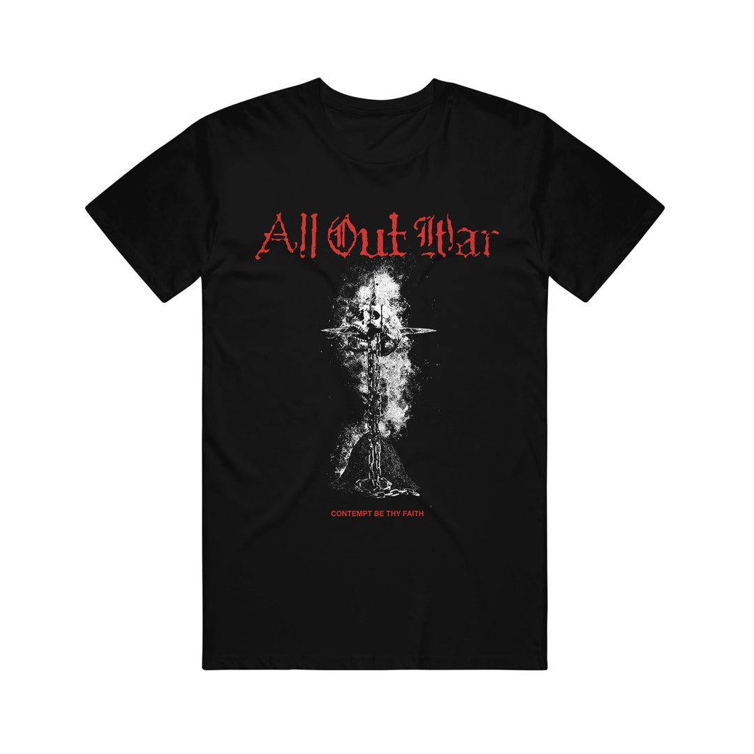 All Out War black t-shirt with red gothic All Out War text at the top, a central monochrome abstract design, and small red CONTEMPT BE THY FAITH text at the bottom.