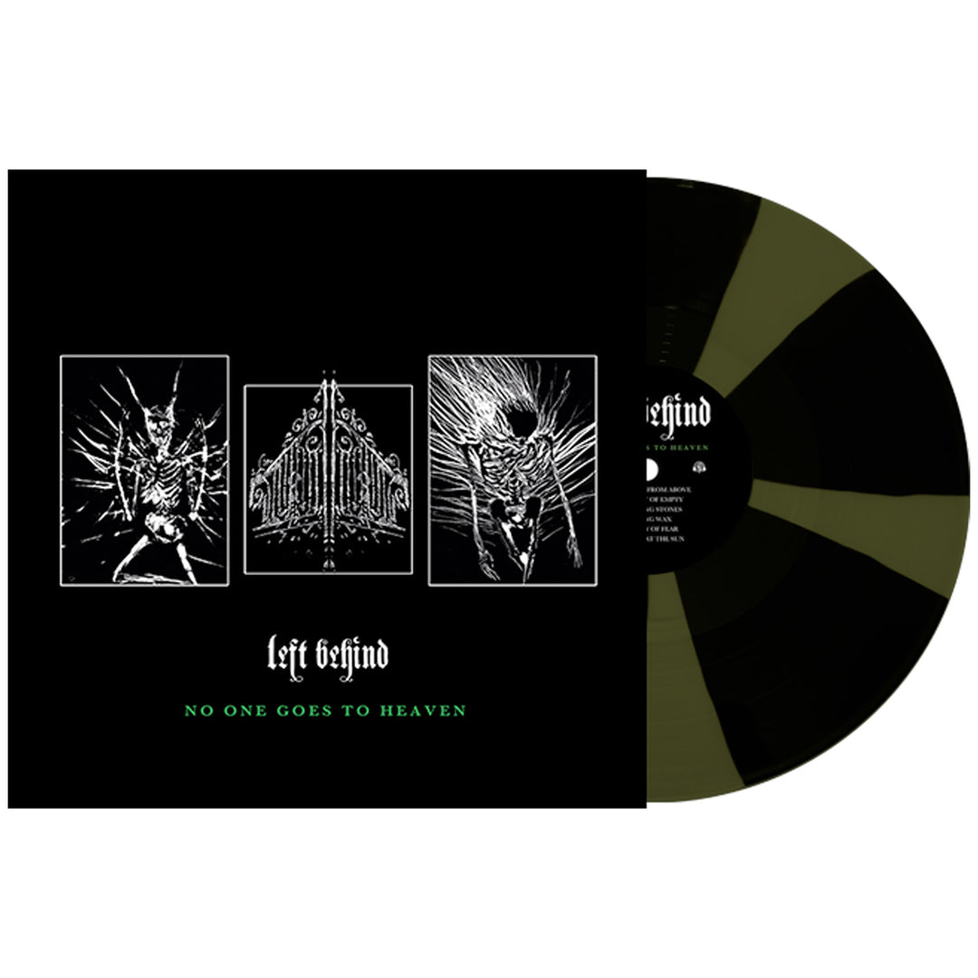 A black vinyl peeks from its sleeve. The cover for Left Behind features three white, hand-drawn images—two skeletons and ornate gates. Green text below reads: Left Behind and No One Goes To Heaven, evoking an Eternity of Empty.