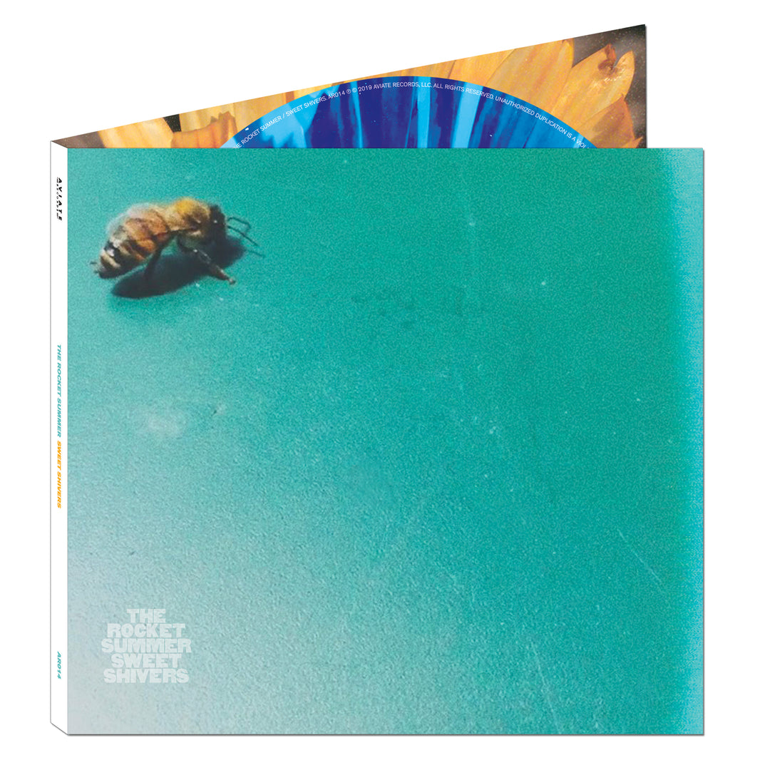 Album cover for Sweet Shivers by The Rocket Summer shows a bee on teal, an open package with a sunflower image, and a blue CD. Brand and album name are in white text at the bottom left.