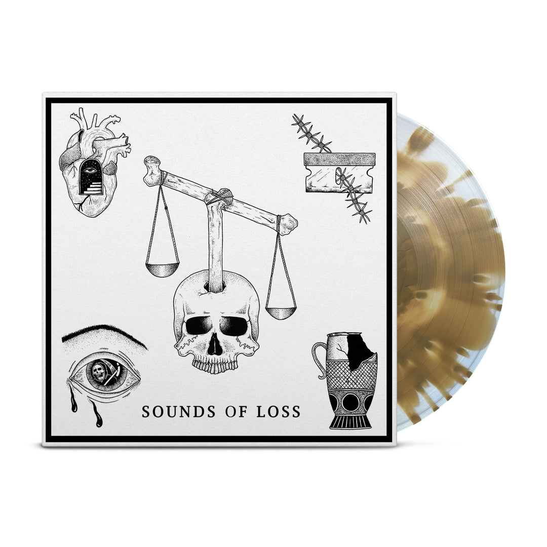 Orthodoxs vinyl record Sounds of Loss features a black-and-white cover with drawings: an anatomical heart, Panic on barbed wire, an eye with a skull-shaped teardrop, scales, and a cracked vase.