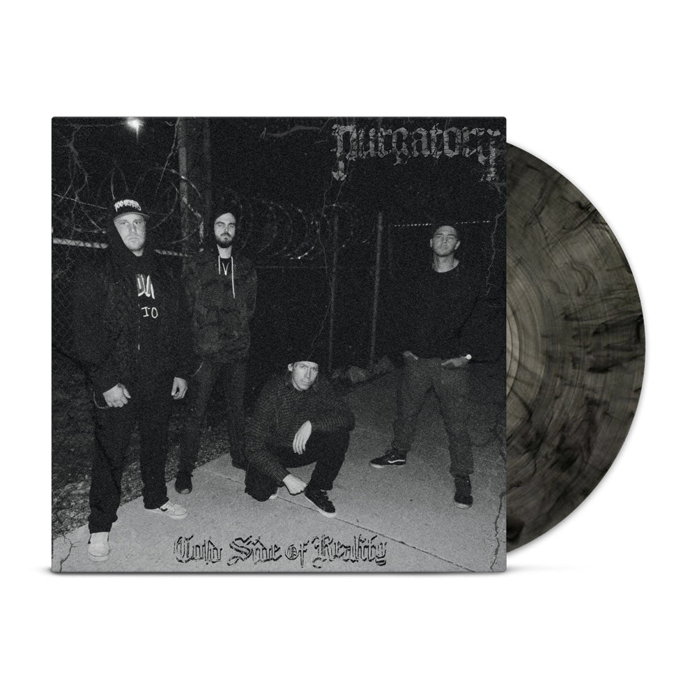 A black and white album cover shows four men posing by a barbed wire fence at night. The gray, black-marbled vinyl from Purgatory features the album title Cold Side of Reality, capturing the raw energy of Violence As My Vice.
