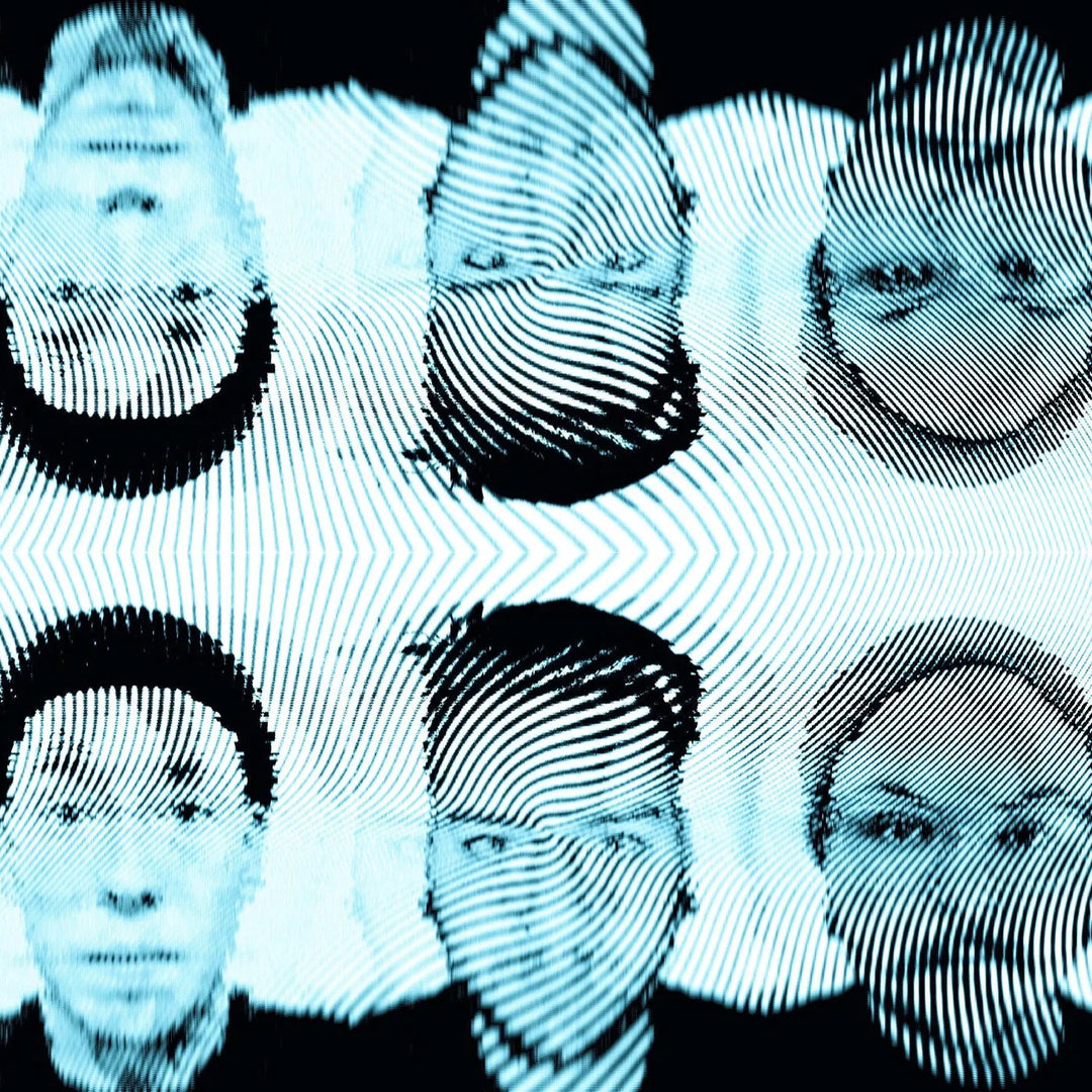 Digitally manipulated image of four human faces with blue tones and horizontal lines, creating a mirrored, abstract effect.