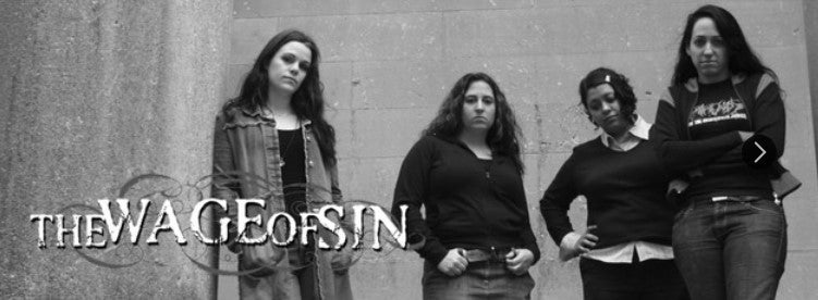 Four women stand in front of a wall, posing with serious expressions. The text THE WAGE OF SIN appears in bold letters in the lower left corner of the black and white image.
