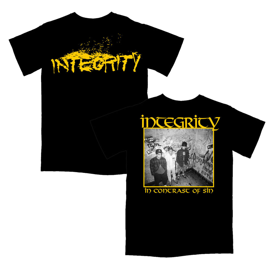 Black Integrity Heavy Cotton T-shirt with “INTEGRITY” in yellow splatter text on the front. The back has “INTEGRITY” above a black-and-white photo and yellow “IN CONTRAST OF SIN.” Ideal for printed T-shirt fans.