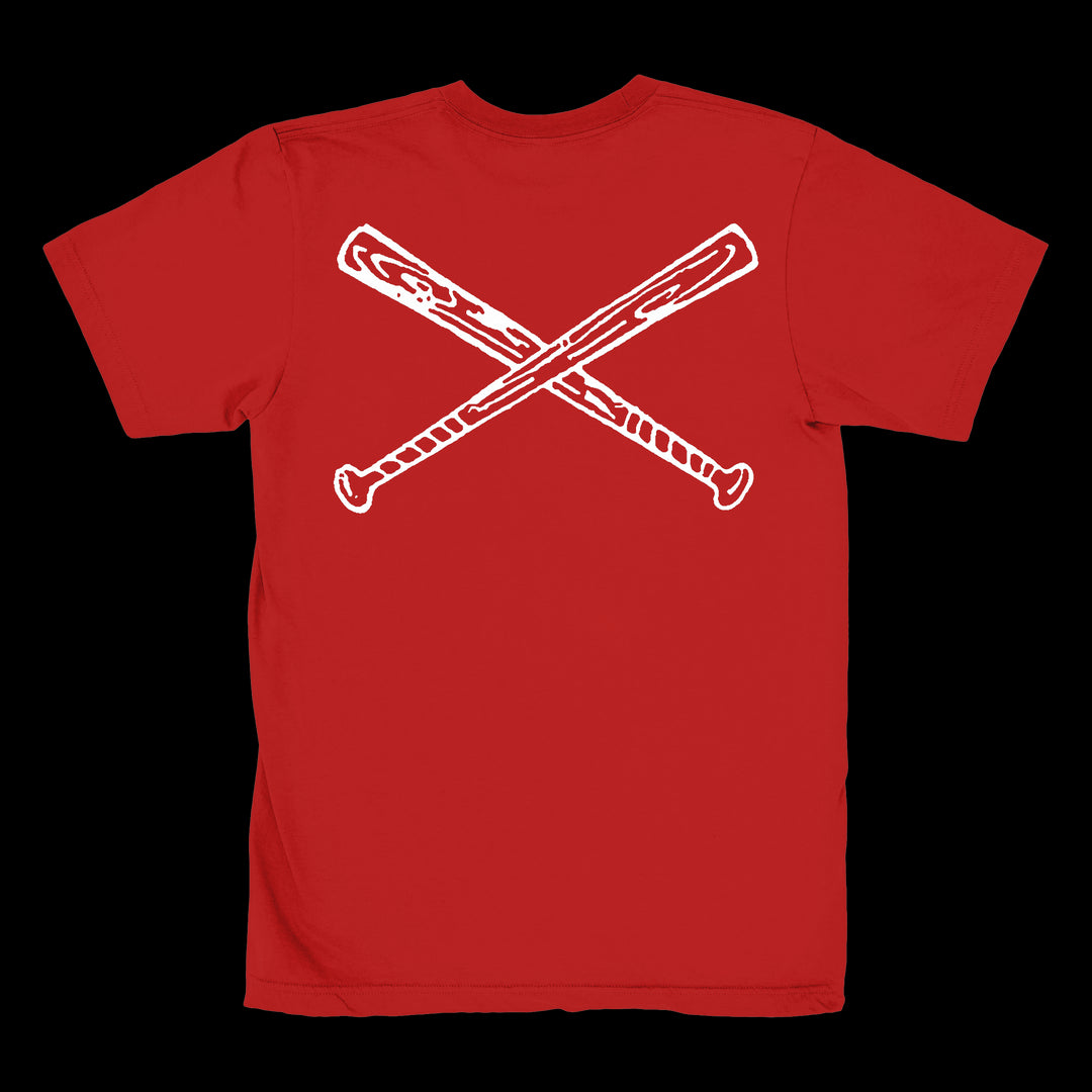 Red Integrity Heavy Cotton T-shirt featuring a printed graphic of two white crossed baseball bats on the back.