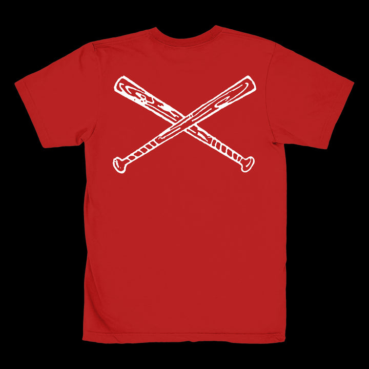Red Integrity Heavy Cotton T-shirt featuring a printed graphic of two white crossed baseball bats on the back.