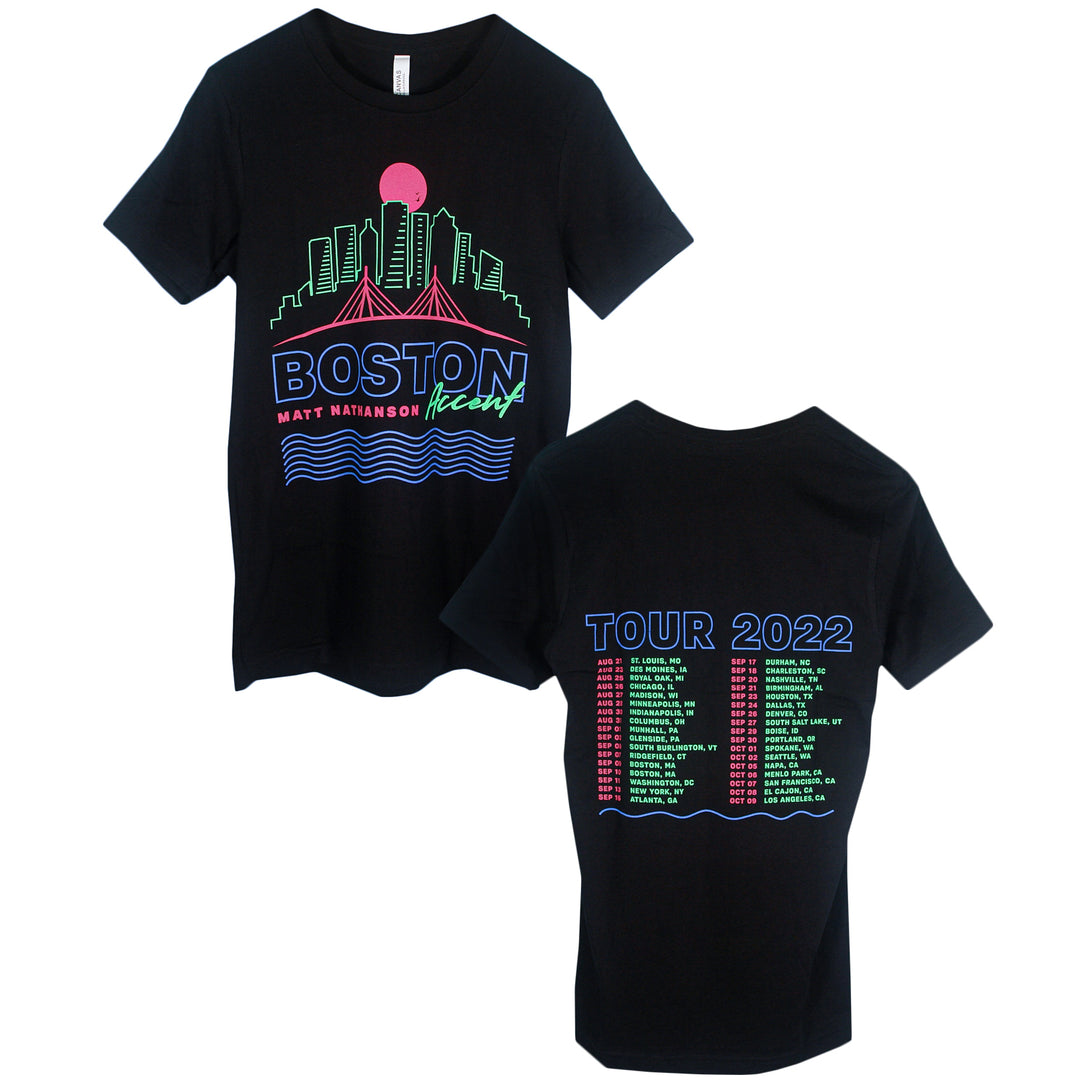 Black Matt Nathanson tee features a neon Boston skyline and bridge with Boston, Matt Nathanson, kicks on the front. Back has Tour 2022 in blue plus cities and dates in red and green—a great pick for quality printed t-shirt fans.