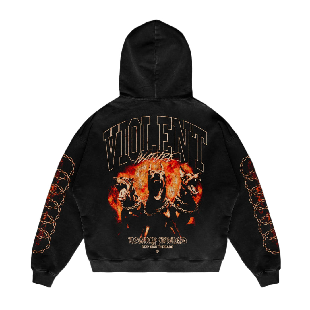 A premium black pullover hoodie from Stay Sick Clothing, featuring VIOLENT NATURE on the back, snarling dogs, flames, chain sleeve graphics, and Leashed Hounds art.