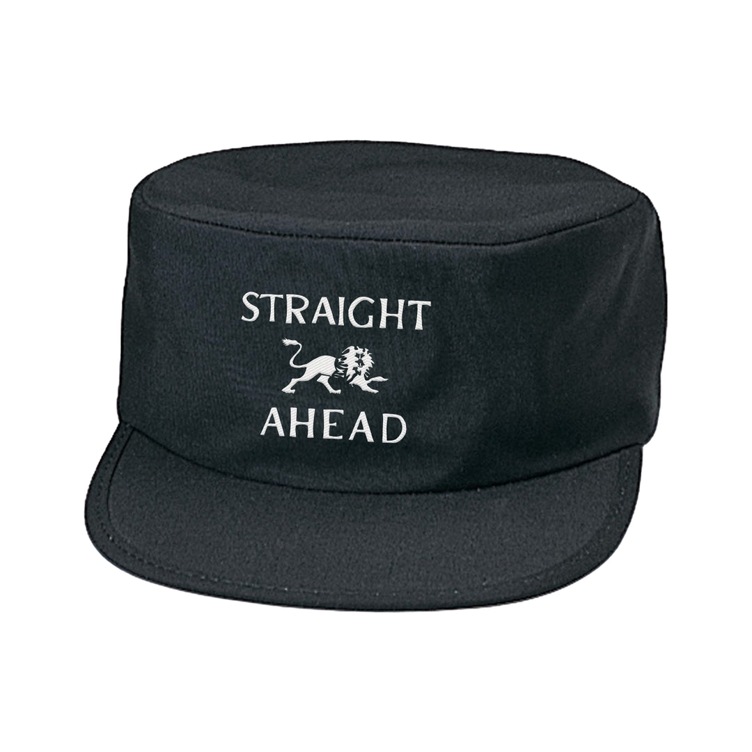 A black Straight Ahead Painters Cap with a flat brim, featuring a white lion graphic and "STRAIGHT AHEAD" embroidered on the front. PRESALE available now; ships 5/15/26.