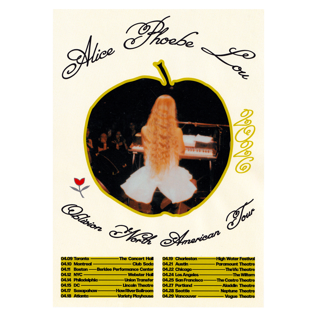 Alice Phoebe Lou Obsidian North American Tour poster featuring her playing piano amid apple-themed art. Tour dates and venues appear below in yellow. Ships safely in a poster tube.