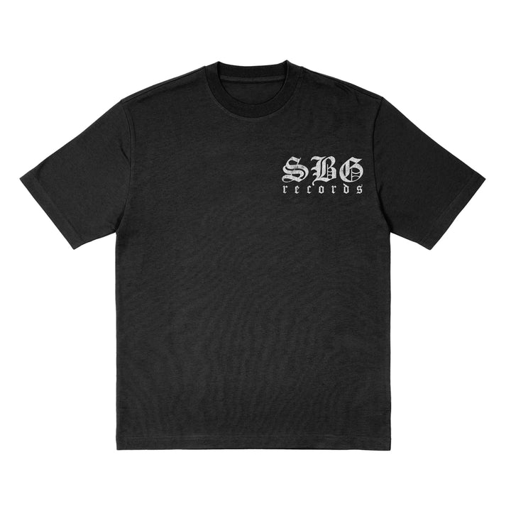 A classic black American Apparel t-shirt featuring the SBG Records logo in white Old English font on the left chest—ideal for fans of unique printed tees.