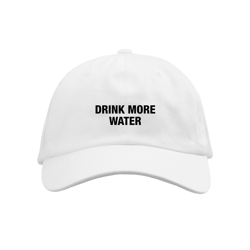 The Stay Sick Clothing White Dad Hat features DRINK MORE WATER in bold black letters on the front—perfect for everyday style and motivation.