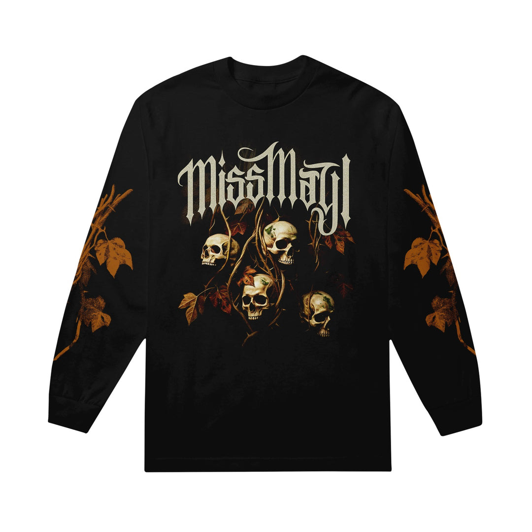 Black long sleeve Miss May I band merch featuring "Miss May I" in Gothic font, skulls with vines, "Die On The Vine" on the front, and brown leaf and vine designs along the sleeves.
