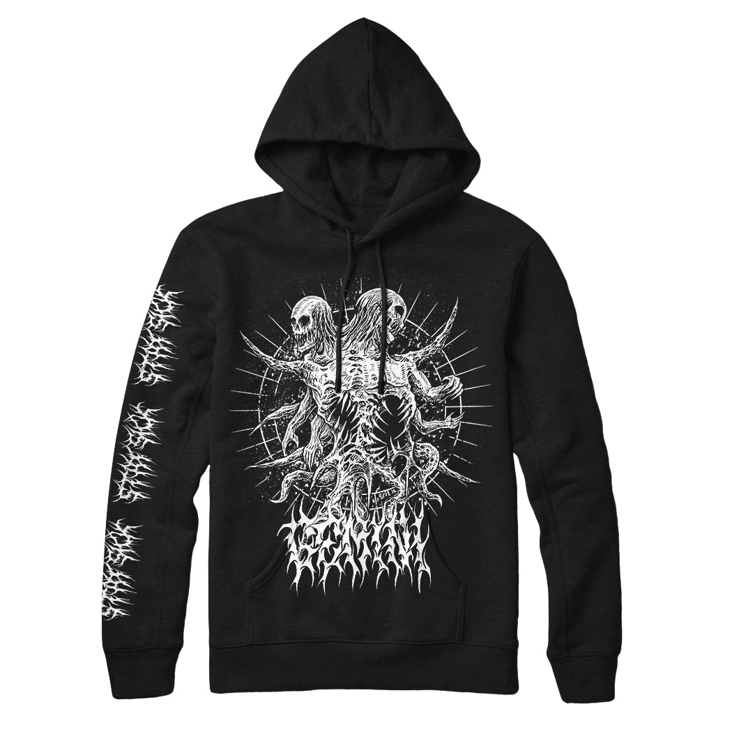 Stay Sick Clothing black hoodie with a detailed white graphic of two skeletons with tentacles on the front, plus white stylized lettering on the chest and right sleeve. Ships in early April.