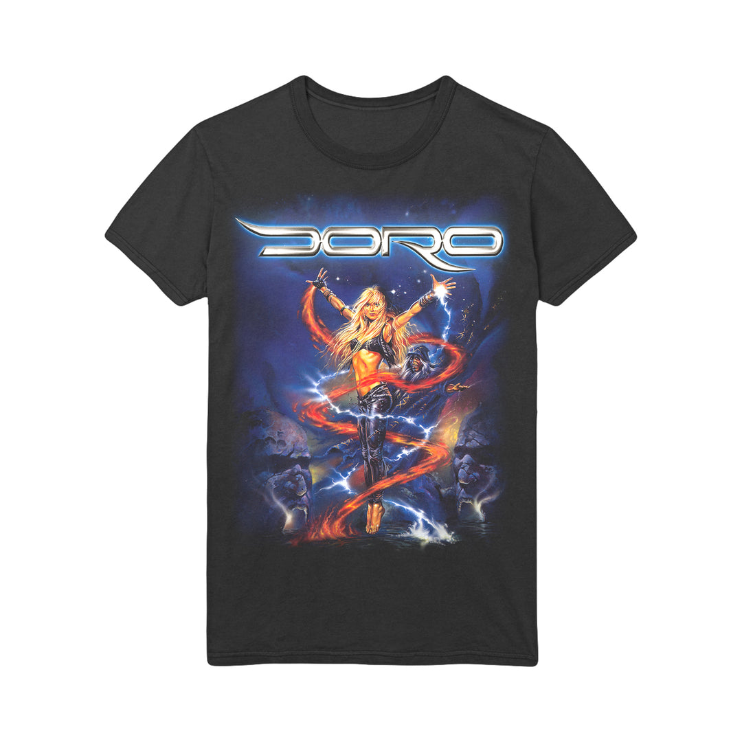 Black diamond t-shirt from Doro showcasing a vibrant woman with long blonde hair and raised arms, surrounded by swirling red and blue energy, with "DORO" in bold white letters above.