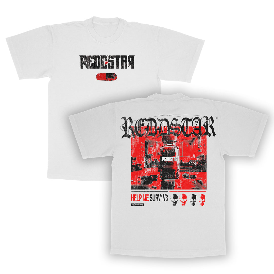 White t-shirt by REDDSTAR featuring REDDSTAR text and a red pill on the front; back displays album art style graphics with bold REDDSTAR text, "HELP ME SURVIV3," and a row of skulls.