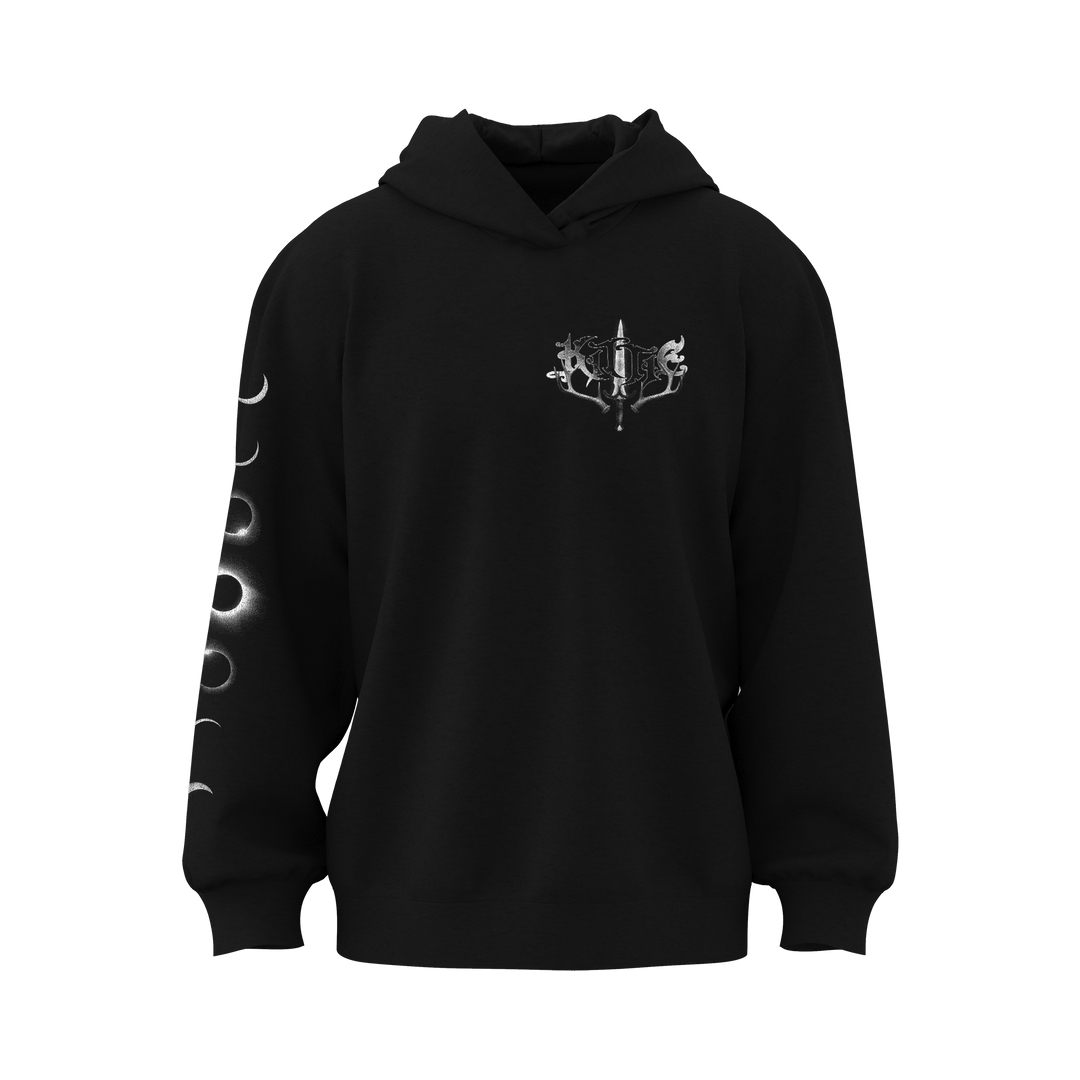 Kittie black heavyweight fleece hoodie featuring a white ornate sword and crescent moons graphic on the chest, moon phases along the left sleeve, and an oversized fit for comfort and style.
