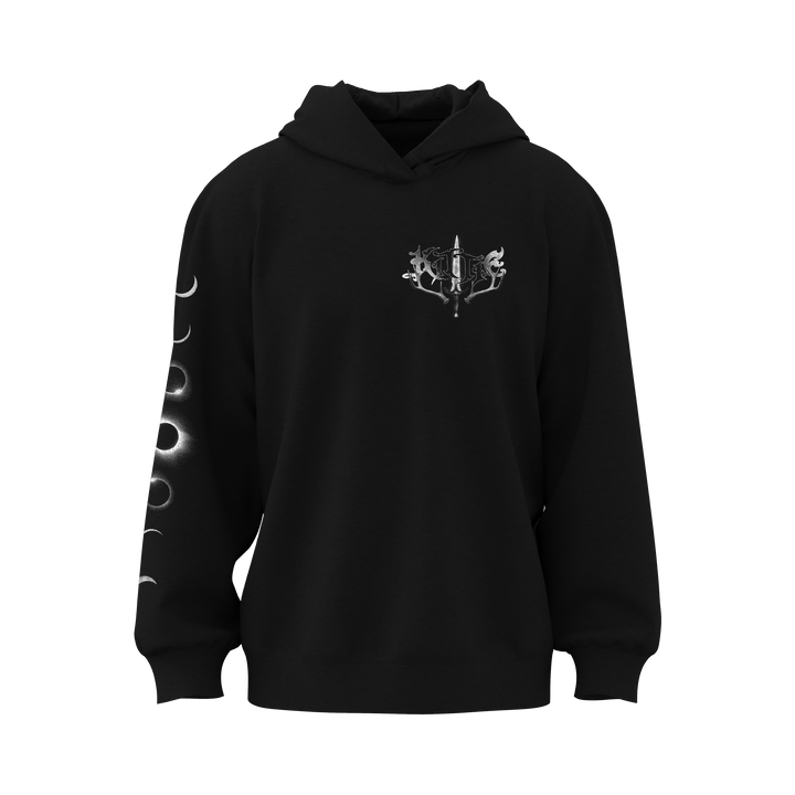 Kittie black heavyweight fleece hoodie featuring a white ornate sword and crescent moons graphic on the chest, moon phases along the left sleeve, and an oversized fit for comfort and style.
