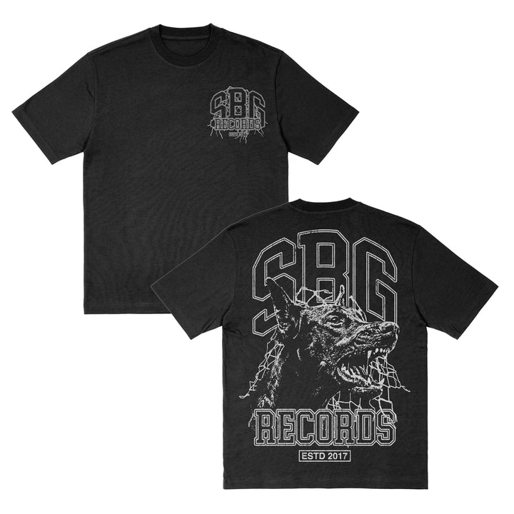 Black SBG Records t-shirt featuring ESTD 2017 on the chest. The back displays a large snarling dog graphic with bold SBG Records and ESTD 2017 text—a must-have for fans of unique printed tees.