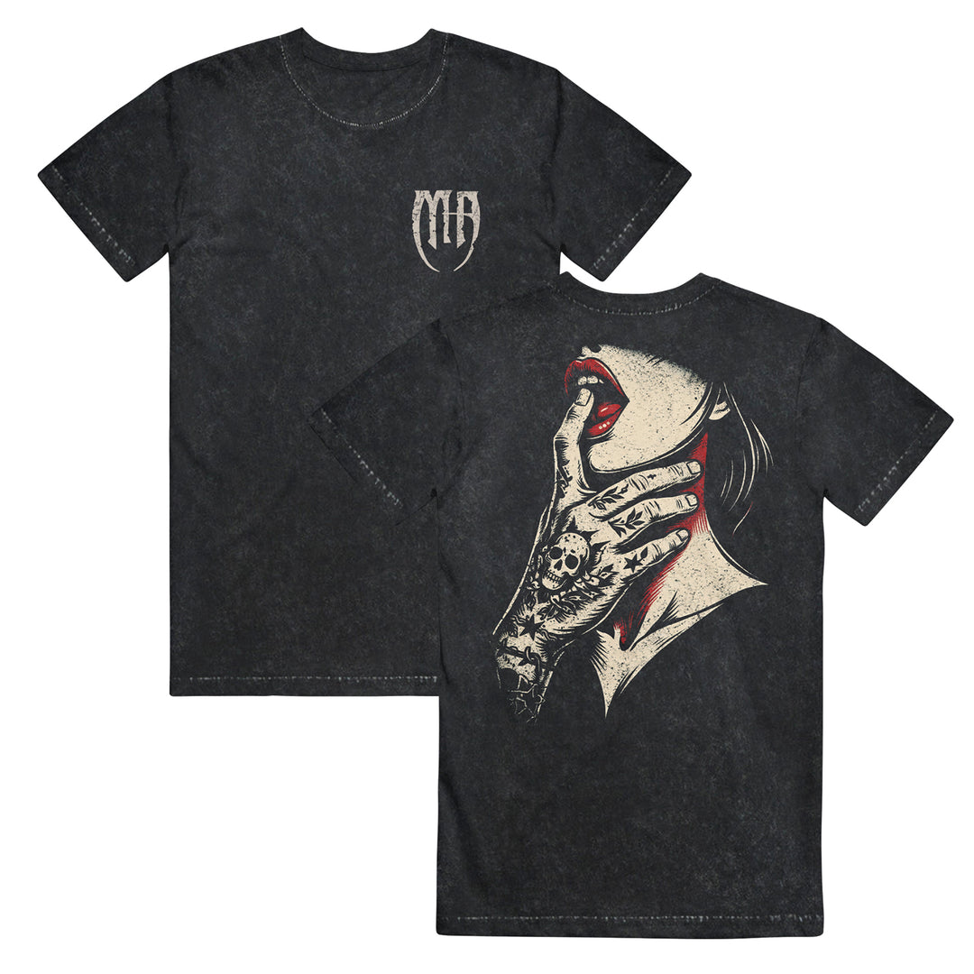 Melrose Avenue black T-shirt with a small MH logo on the front and a bold graphic on the back featuring a tattooed hand touching a woman's red lips and nails—ideal for those who love striking Lips-themed tees.