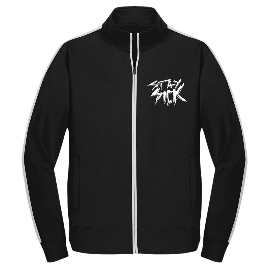 Stay Sick Clothing’s black track jacket features white piping along the zipper and sleeves, plus a bold white “Stay Sick” logo on the left chest. Shown on a white background.