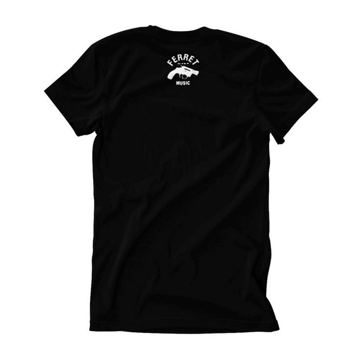 Black Misery Signals t-shirt shown from the back, with a small white graphic near the neckline that reads FERRET MUSIC and features two hands holding a rectangle.