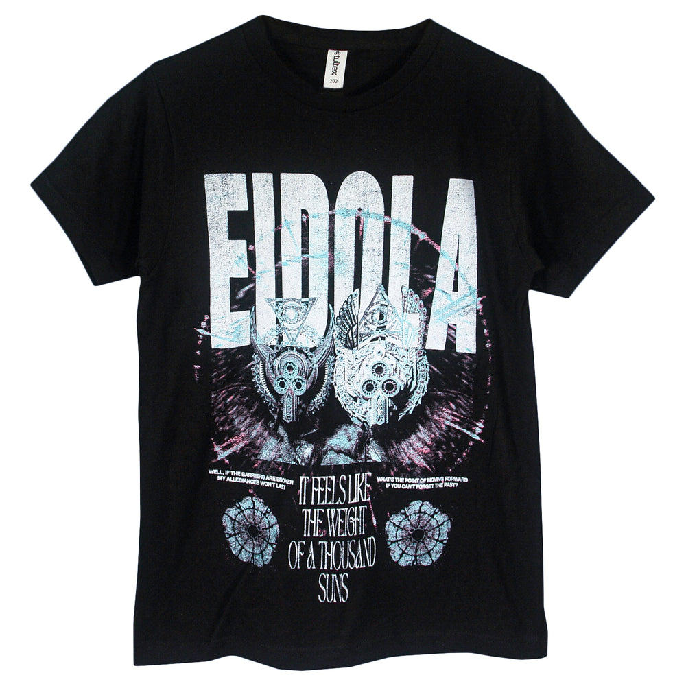 Black Eidola T-shirt with EIDOLA in bold white letters, geometric graphic, and 2026 Eviscerate Mend Tour text: “It feels like the weight of a thousand suns.”.