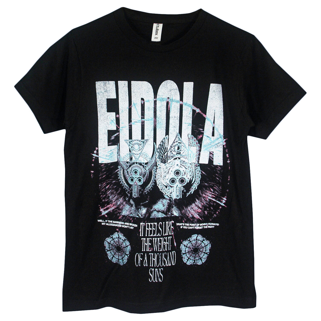 Black Eidola T-shirt with EIDOLA in bold white letters, geometric graphic, and 2026 Eviscerate Mend Tour text: “It feels like the weight of a thousand suns.”.