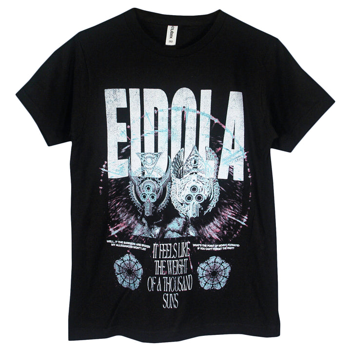 Black Eidola T-shirt with EIDOLA in bold white letters, geometric graphic, and 2026 Eviscerate Mend Tour text: “It feels like the weight of a thousand suns.”.
