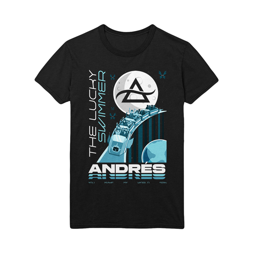 Black Tultex t-shirt by Andrés featuring a graphic of people riding a roller coaster through space, passing planets and a moon with an "A". Bold text reads THE LUCKY SWIMMER and ANDRÉS—ideal for fans of unique printed tees.