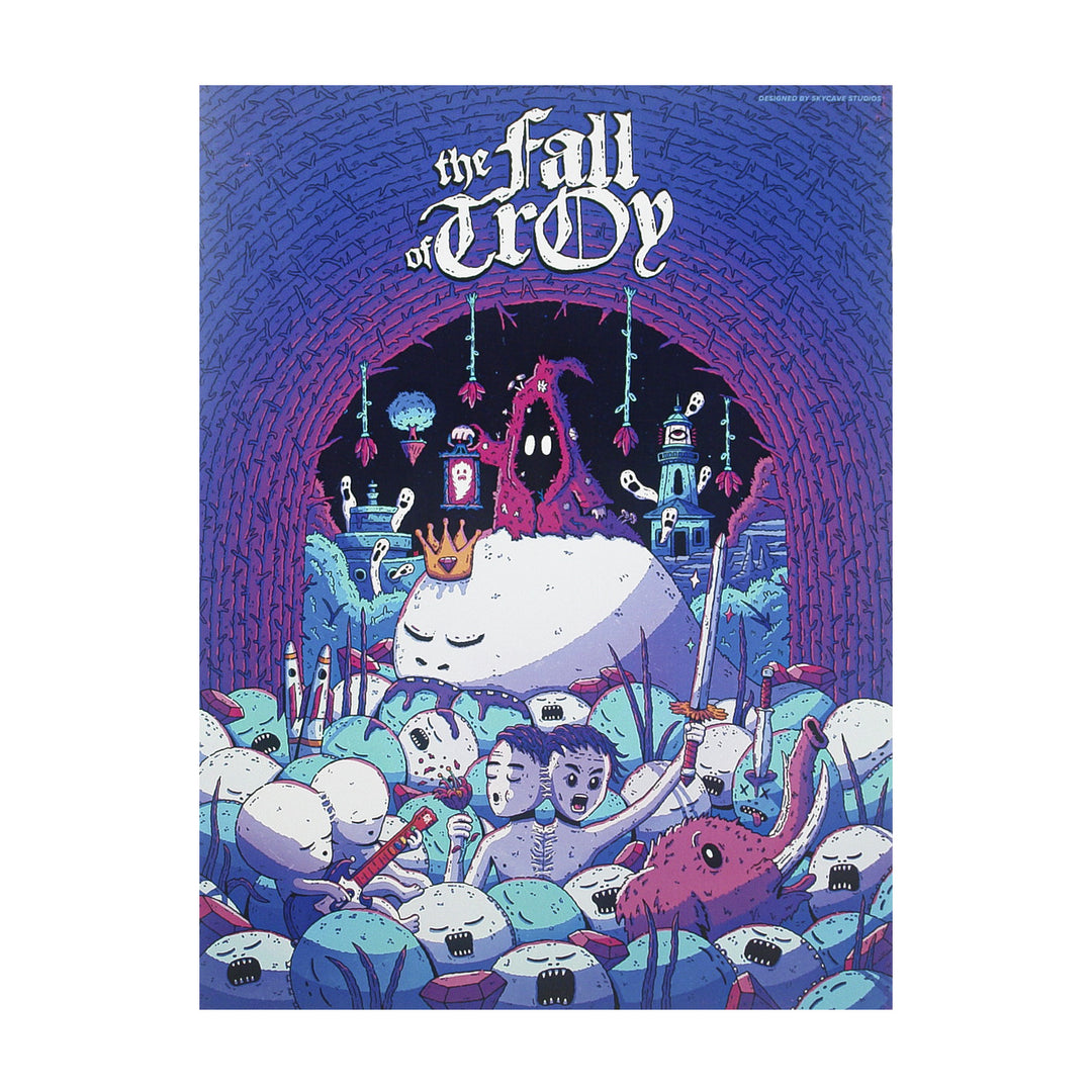 Surreal cartoon scene with crowned white creature, purple and blue background, ghostly and robotic figures, and the fall of troy text above. The style is whimsical and fantasy-like.