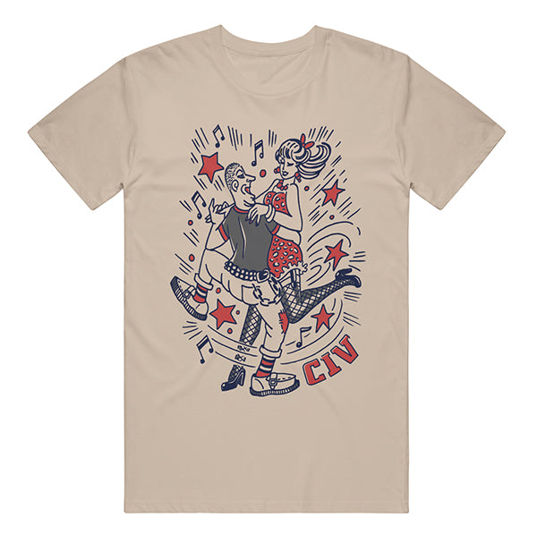 Beige CIV T-shirt featuring an illustration of a dancing couple, music notes, red stars, and bold red "CIV" text at the bottom right—a standout printed piece for garment enthusiasts.
