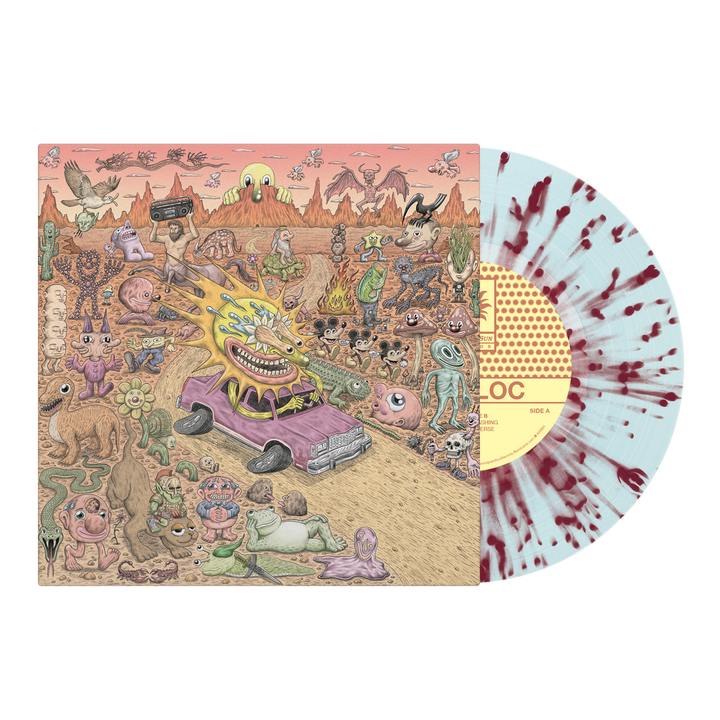 Sunbloc's vibrant album cover displays surreal, cartoon desert creatures and a purple car shooting eye-beams—reflecting hardcore and alternative vibes. Beside it sits a striking white vinyl with red splatters.
