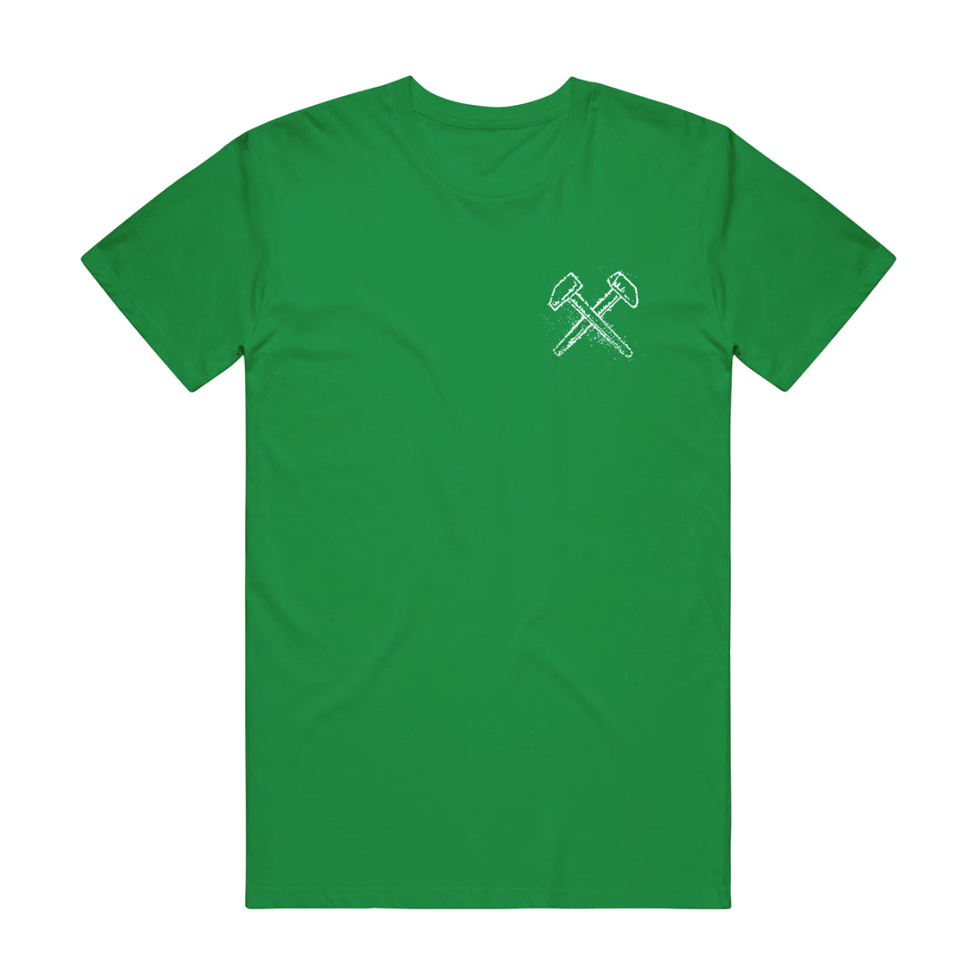 Judge green heavy cotton t-shirt featuring a small white graphic of two crossed hammers on the left chest.