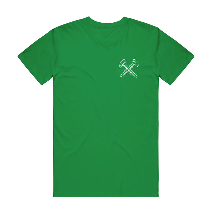 Judge green heavy cotton t-shirt featuring a small white graphic of two crossed hammers on the left chest.
