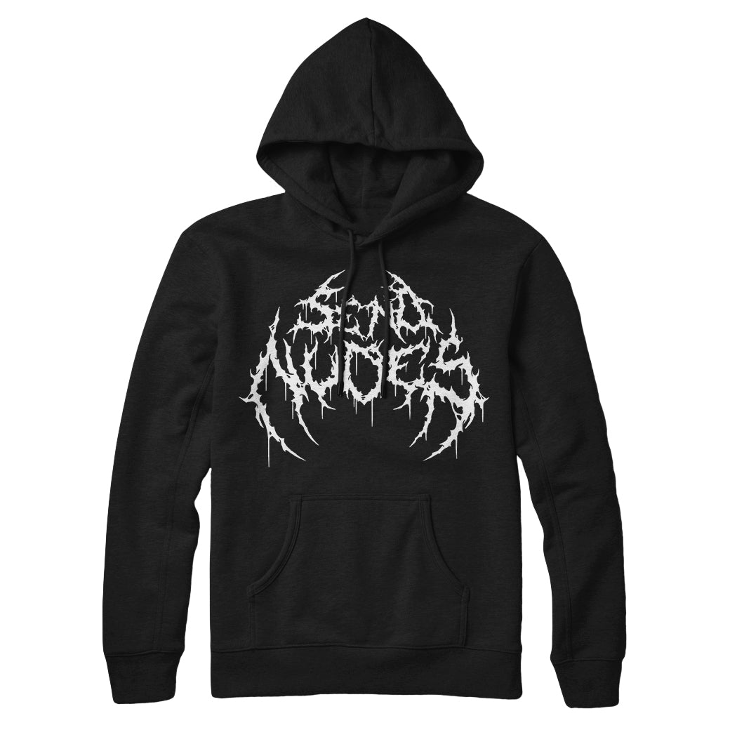 The Stay Sick Clothing black pullover hoodie features a bold white spiky death metal-style logo on the chest, plus a front pocket and drawstrings.
